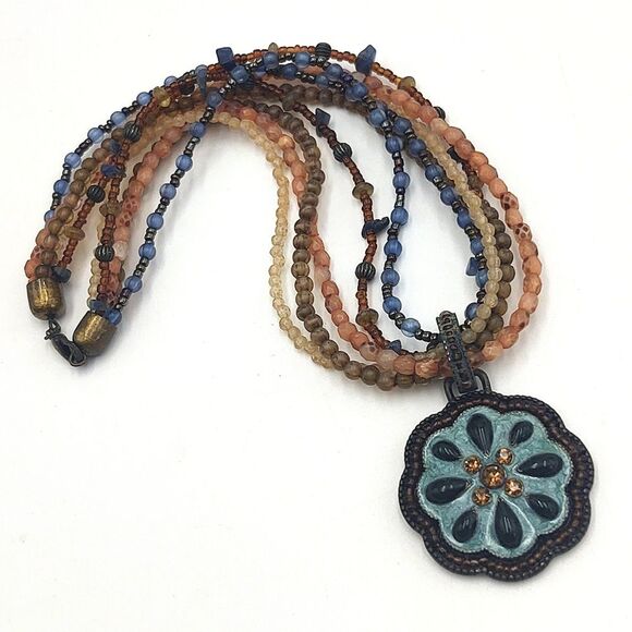 AVON Bohemian 15 1/2" Multi Strand Beaded Necklace with Rhinestone Penda… - Picture 1 of 8